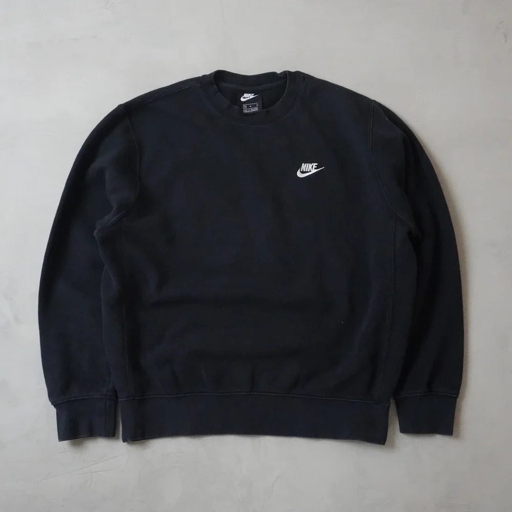 Nike Sportswear Club Fleece Crewneck Sweatshirt Black White Logo Mens Medium